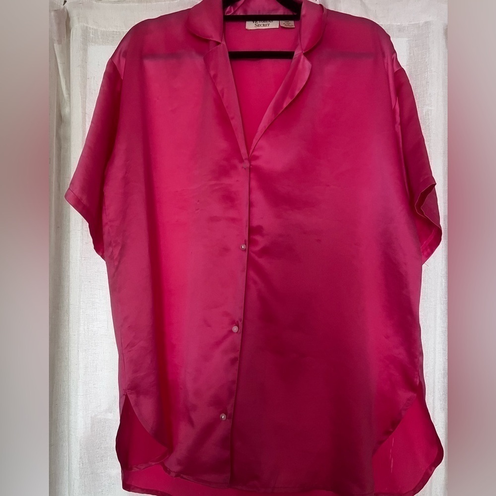 Vintage Victoria Secret Gold Label Hot Pink Oversized Pajama Top Size Small